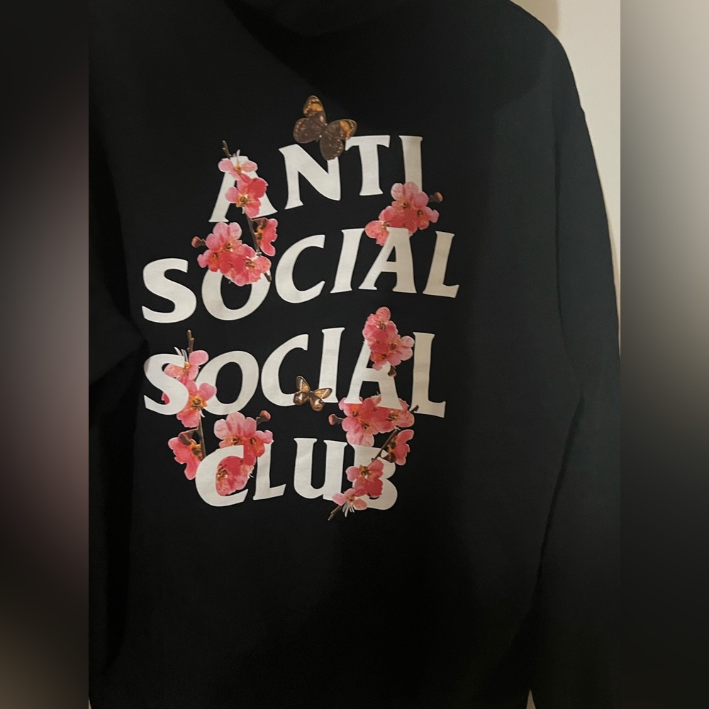 Anti Social Social Club Black Hoodie with Pink Floral and Gold Butterfly Accents